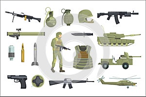 Professional Army Infantry Forces Weapons, Transportation And Soldier Equipment Set Of Realistic Objects In Khaki Color