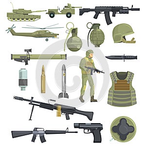 Professional Army Infantry Forces Weapons, Transportation And Soldier Equipment Set Of Realistic Objects In Khaki Color