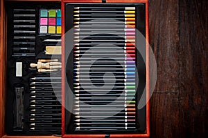 Professional artist drawer or painter set in wooden case