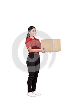 Professional asian courier woman delivering package