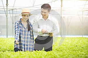 Professional asian man scientist check quality of green vegetable hydroponic farm standing with asian woman gardener farm,Small