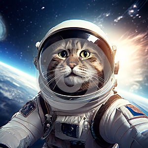 Professional Astronaut Cat Floats in Space, Capturing the Perfect Selfie