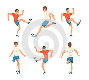 Professional athlete play soccer set. Football player in sports uniform running and kicking ball cartoon vector