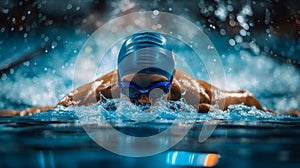 Professional athlete swimmer swims fast along the pool lane. Sports swimming in pool. Front view. Summer Olympic sport, healthy