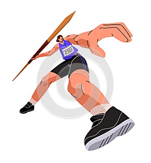 Professional athlete throws javelin. Sportswoman prepares, swings to toss dart, spear. Sportsman training. Track and