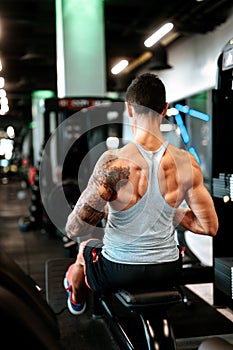 Professional athlete working out at gym, doing pulls with weights on and back training. Muscular man lifting weights at gym