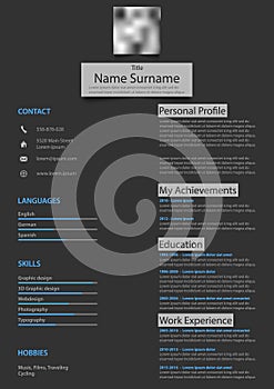 Professional atypical resume cv on dark background photo