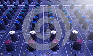 Professional audio Mixer and Professional Headphones in the Recording Studio. Sound Mixing Desk. Sound Mastering For Radio and TV