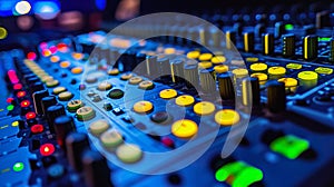 Professional audio mixing console with colorful knobs and sliders