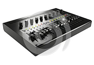 Professional audio mixing console with multiple faders and knobs isolated on white background