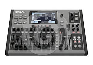 Professional audio mixing console with multiple knobs and buttons for sound control