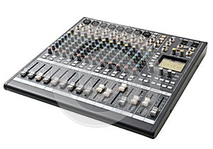 Professional audio mixing console with multiple knobs and sliders on a clean white background