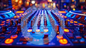 Professional audio mixing console in nightclub. Close up of sound