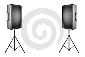 Professional audio speakers PA on the tripods on white