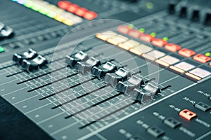 Professional audio studio sound mixer console board panel with recording