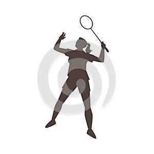 Professional badminton female player with racket in action vector silhouette, cartoon sport game competition isolated