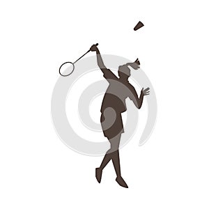 Professional badminton male player raise hand up with racket in action vector silhouette, cartoon sport game competition