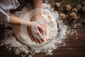 Professional baker hands kneading dough while preparing bread loaves. Woman hands preparing bread loaf while cooking homemade in