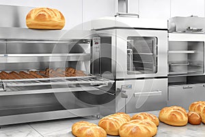 Professional bakery kitchen and stainless steel convection for baking business background