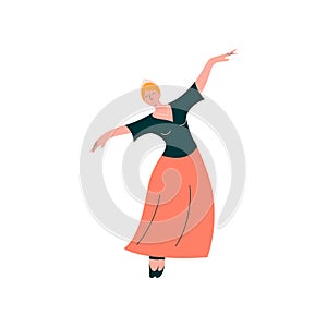 Professional Ballerina Wearing Long Dress Dancing Classical Ballet Dance Vector Illustration