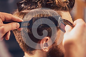 Professional barber cutting hair of his client