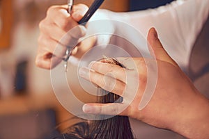 Professional barber cutting hair of his client