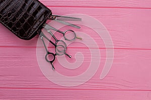 Professional barber scissors on pink background.