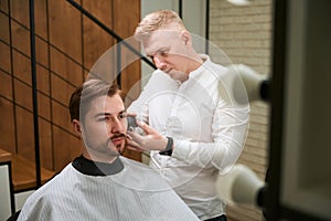 Professional barber working with client in modern room