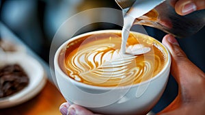 Professional barista pouring a steamed milk into a coffee cup making a latte art, closeup. Freshly brewed coffee with latte art in