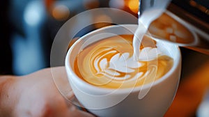 Professional barista pouring a steamed milk into a coffee cup making a latte art, closeup. Freshly brewed coffee with latte art in