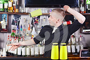 Professional barmen making cocktail
