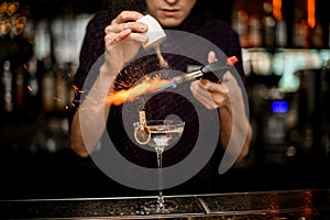 Professional bartender adding to an alcoholic cocktail in the glass spices and burning them