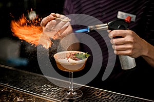 Professional bartender adding to an alcoholic cocktail in the glass spices from the spoon and burning them