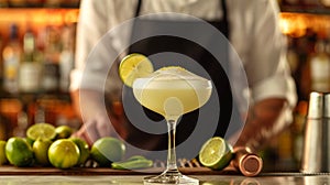 Professional bartender presenting a freshly made pisco sour on a bar counter, with lime garnish
