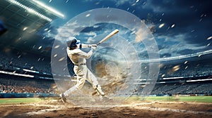 professional baseball player hitting ball at crowded stadium, generative AI