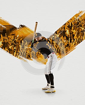 Professional baseball player, pitcher in sports uniform and equipment practicing isolated on white background with fans