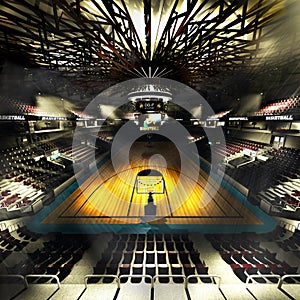 Professional basketball court arena in lights 3d illustration