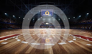 Professional basketball court arena in lights with fans 3d rendering