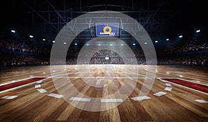 Professional basketball court arena in lights with fans 3d rendering