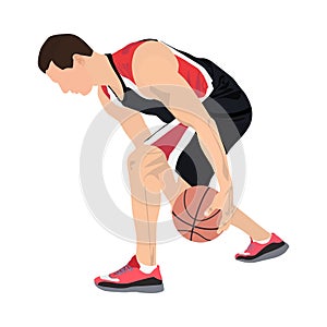 Professional basketball player with ball, vector illustration. Basketball crossover dribbling skills.