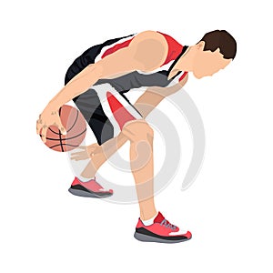 Professional basketball player with ball, vector illustration. Basketball dribbling skills.