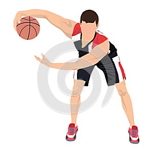 Professional basketball player with ball, vector illustration. Basketball dribbling skills.
