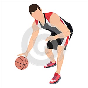 Professional basketball player with ball, vector illustration. Basketball dribbling skills.