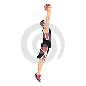 Professional basketball player jumping and shooting ball into the hoop, vector illustration