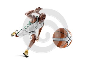 Professional basketball player in motion and action. Isolated. Sport energy. Ball. Sport emotion