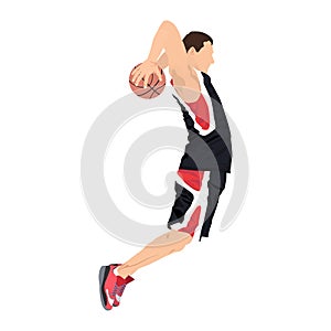 Professional basketball player shooting ball into the hoop, vector illustration. Slam dunk shooting technique