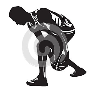 Professional basketball player silhouette with ball, vector illustration. Basketball crossover dribbling skills.