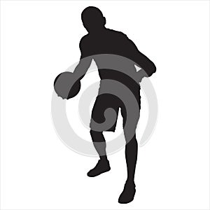 Professional basketball player silhouette with ball, vector illustration. Basketball dribbling skills.