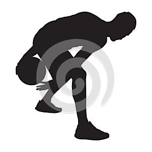 Professional basketball player silhouette with ball, vector illustration. Basketball dribbling skills.