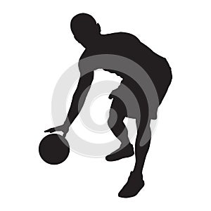 Professional basketball player silhouette with ball, vector illustration. Basketball dribbling skills.